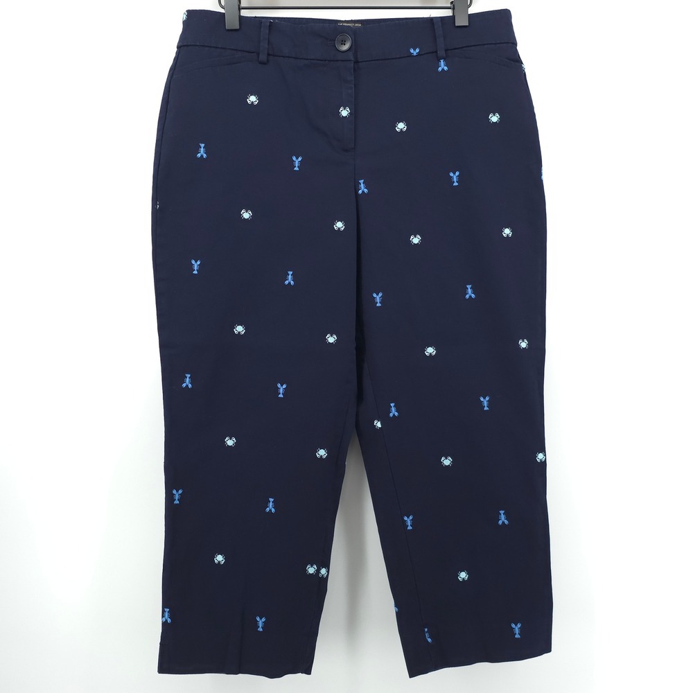 Talbots Women Pants The Perfect Crop Curvy 10P Navy Blue Lobster Crab Embroidery